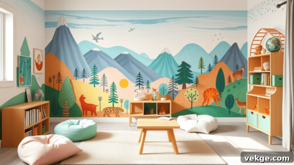 Whimsical Mural Playroom with Colorful Wall Art and Playful Scene