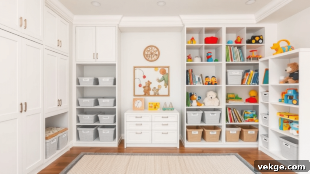 Storage-Focused Playroom with Organized Bins and Labeled Shelves