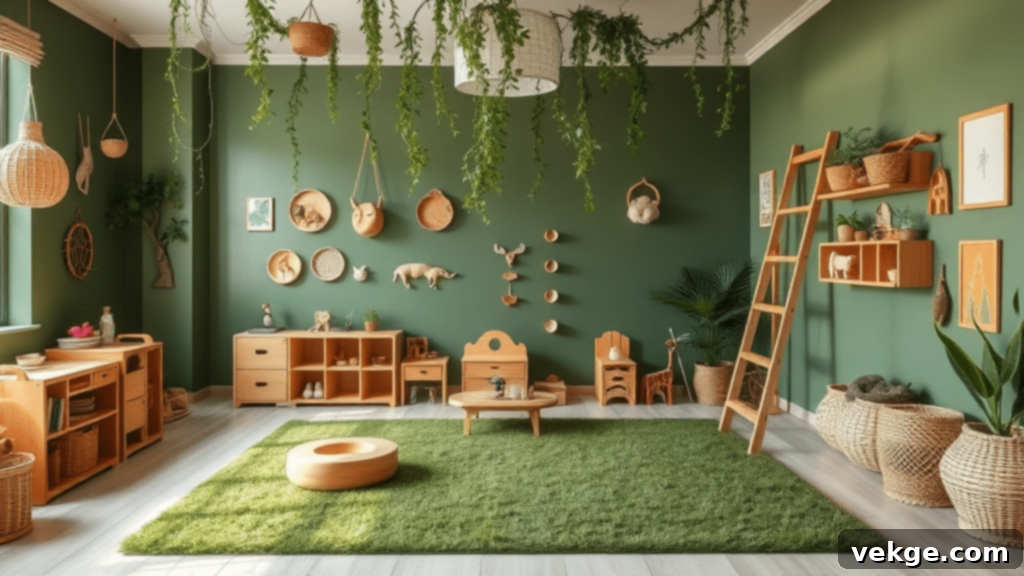 Nature-Inspired Playroom with Green Walls, Wooden Toys, and Plant Decor