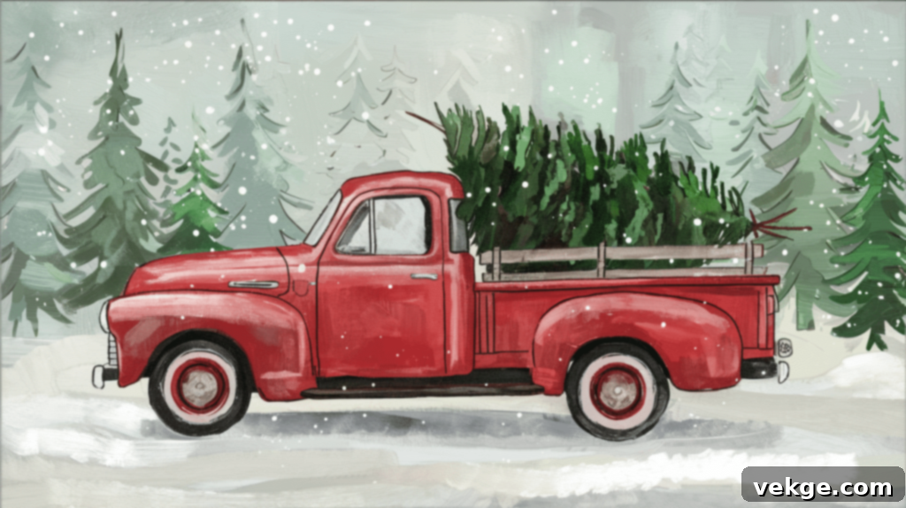 Red Truck with Christmas Tree