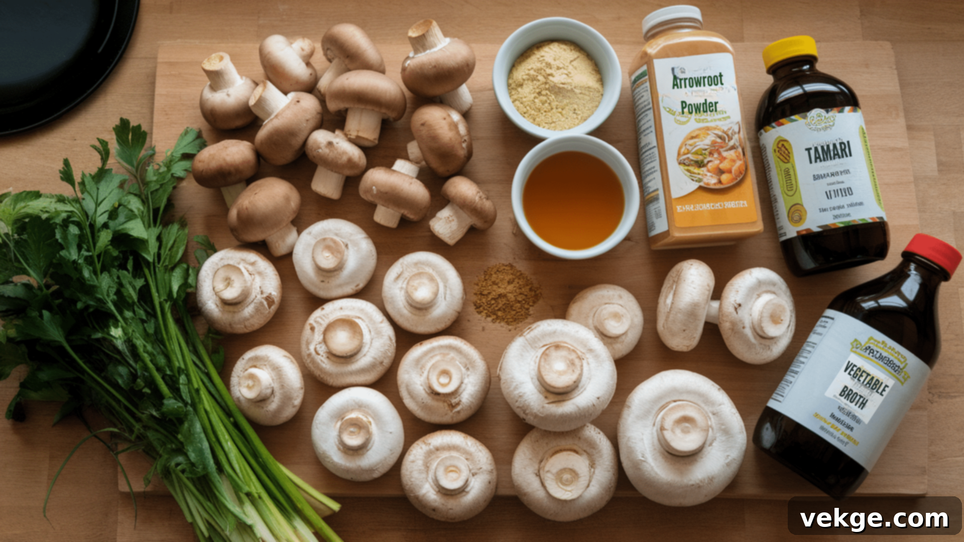 Ingredients for gluten-free mushroom gravy including mushrooms, broth, and thickeners