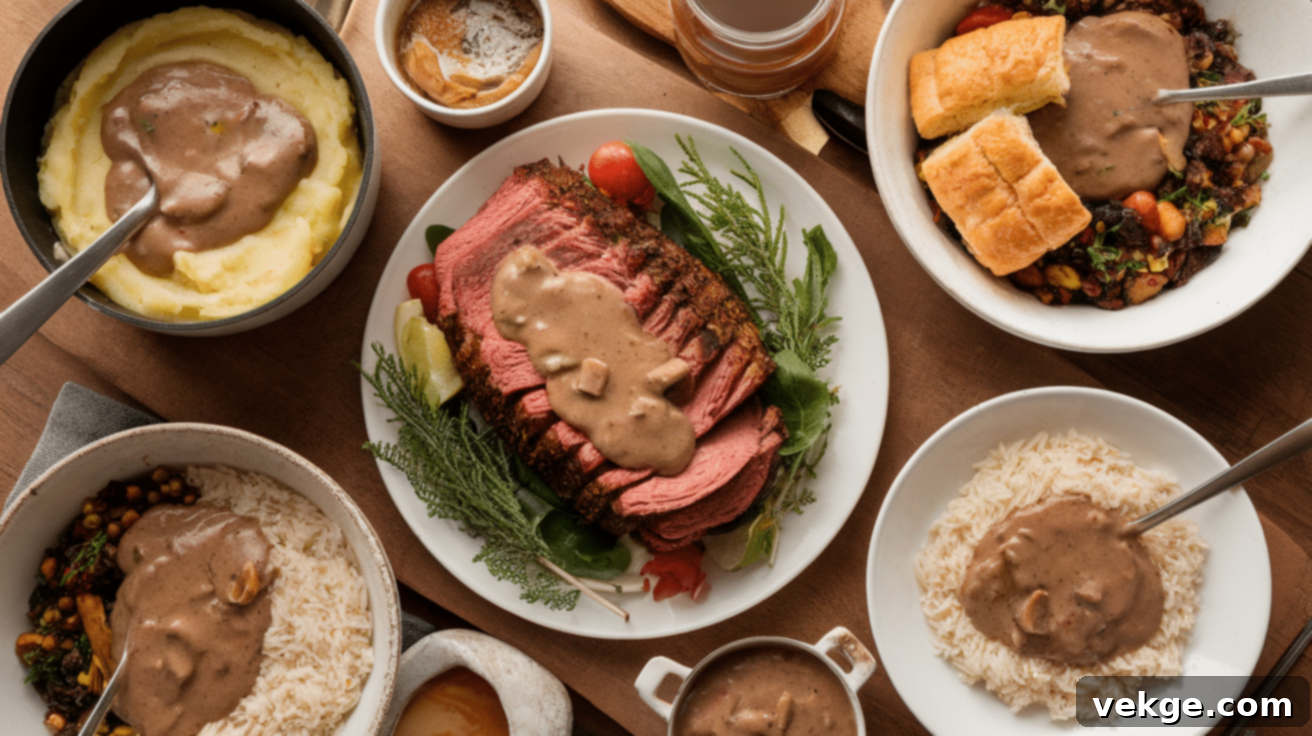Gluten-free mushroom gravy served over various dishes