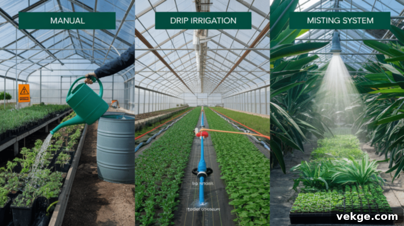 Choose the right watering method based on your plants' needs and how often you visit your greenhouse