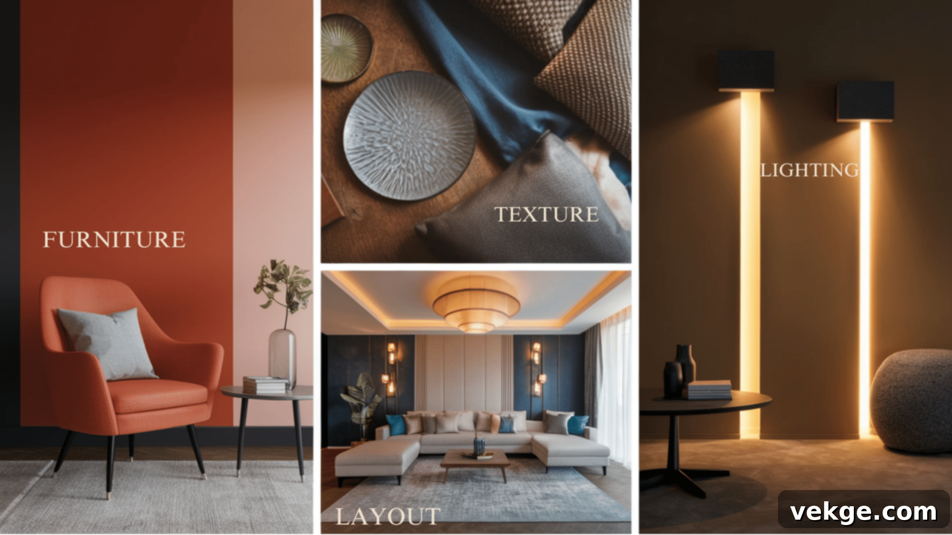 Key Elements that Create Harmony in a Room, featuring balanced colors, textures, furniture, and lighting