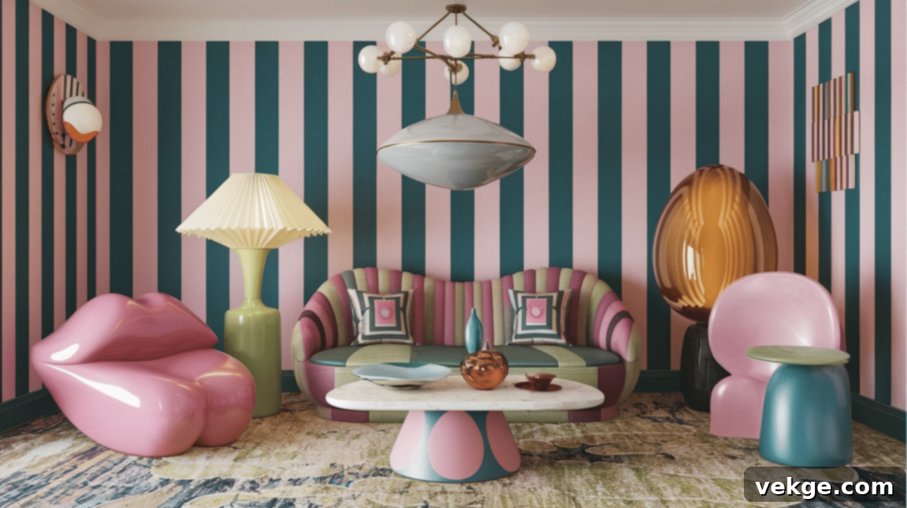 Postmodern interior with playful, whimsical furniture shapes and bright colors