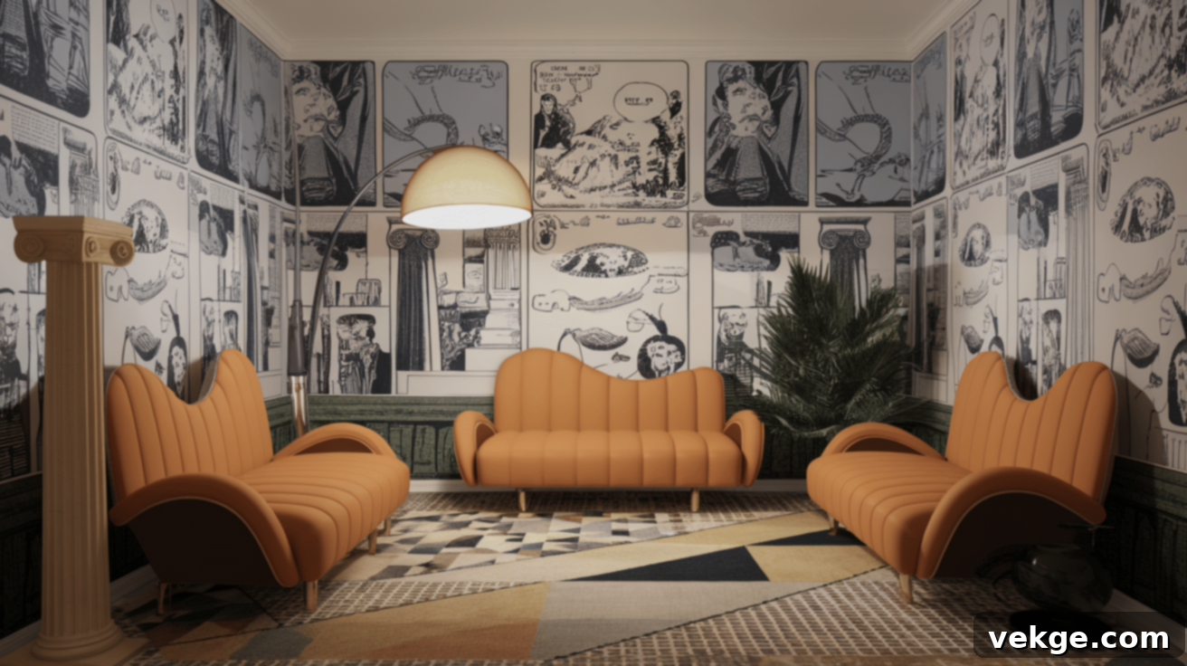 Postmodern room with furniture inspired by pop culture and historical art