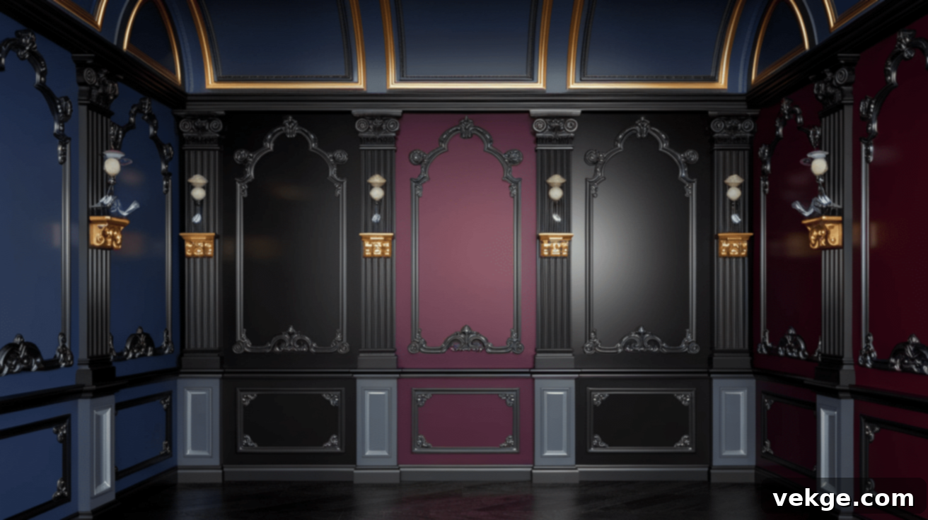 A room featuring a deep, dark color palette with Gothic Victorian accents