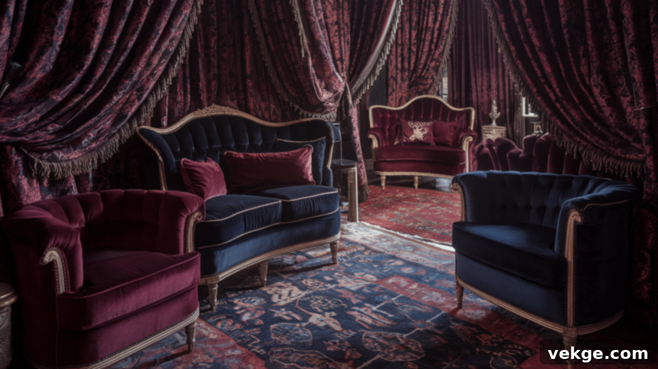 Luxurious fabrics like velvet and silk in a Modern Gothic Victorian setting
