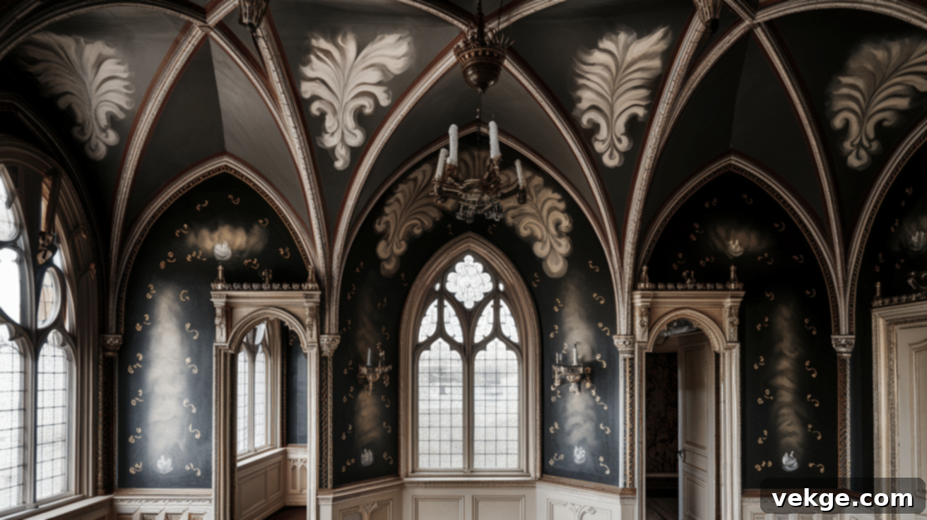 Ornate architectural details like archways and molding in a Gothic Victorian home
