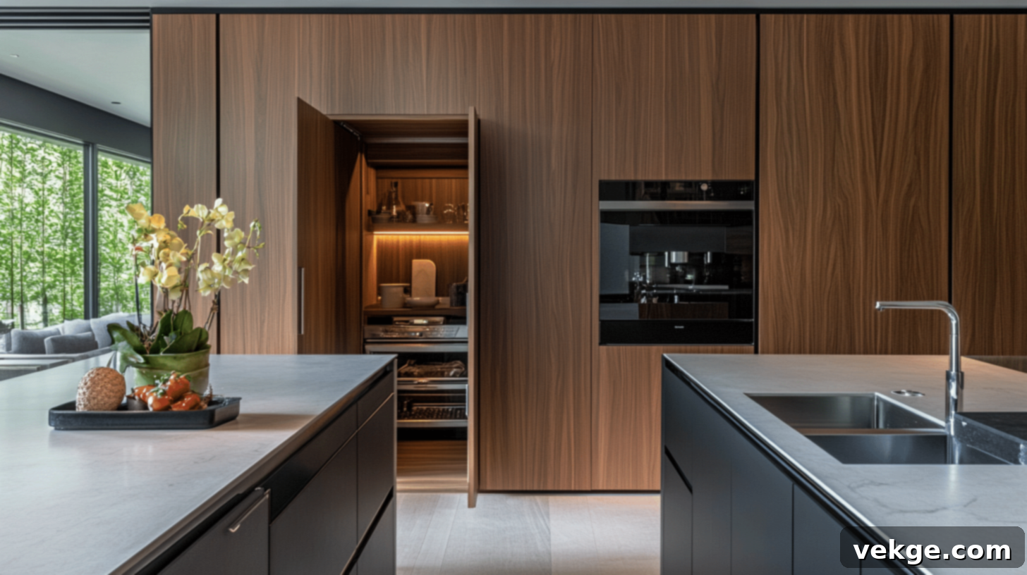Recessed Pantry with Hidden Door Blending with Walls