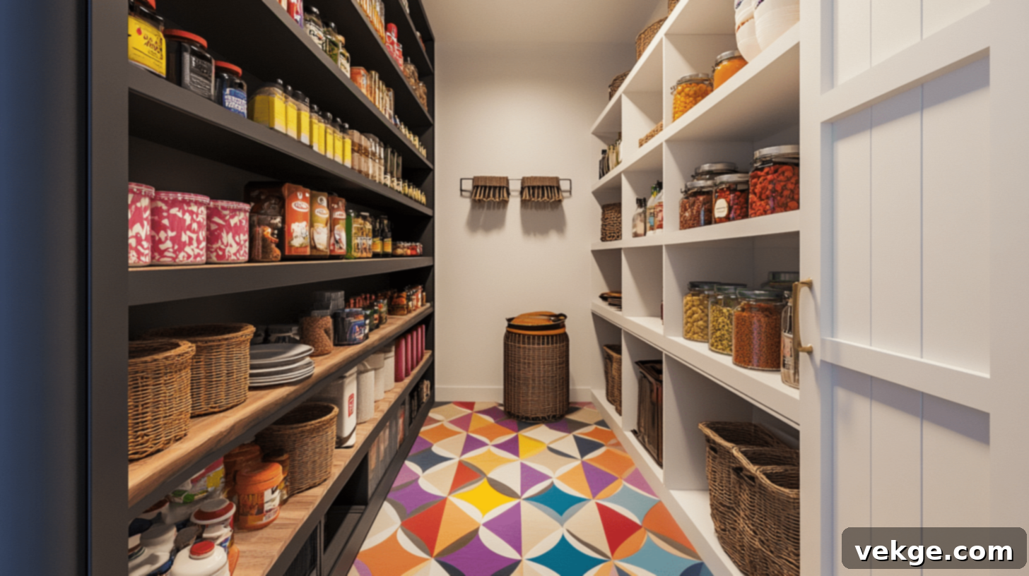 Pantry with Colorful Floor Tile for Personality
