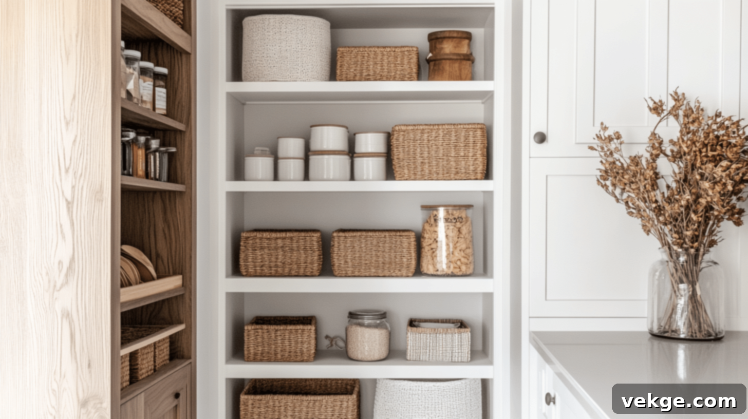 Built-in Pantry Shelves with Woven Storage Baskets