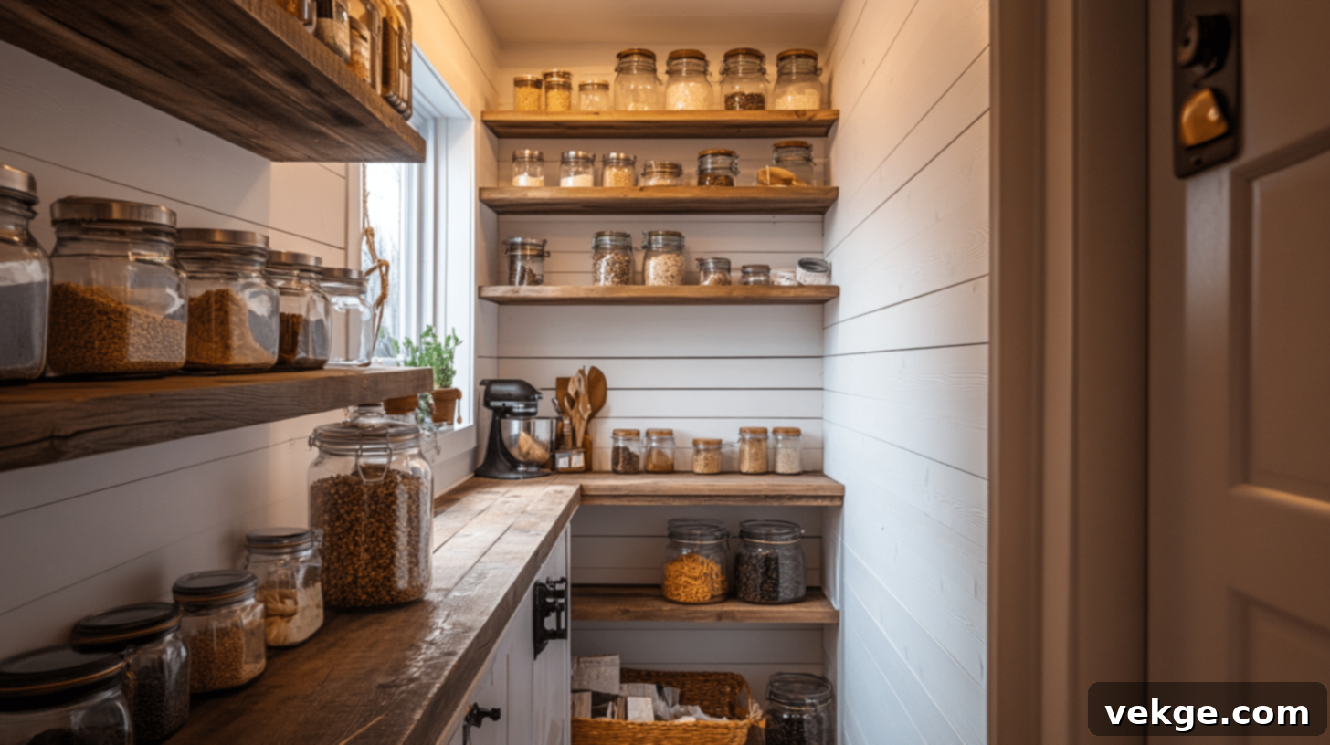 Farmhouse-Style Pantry with Shiplap Walls and Wood Shelves