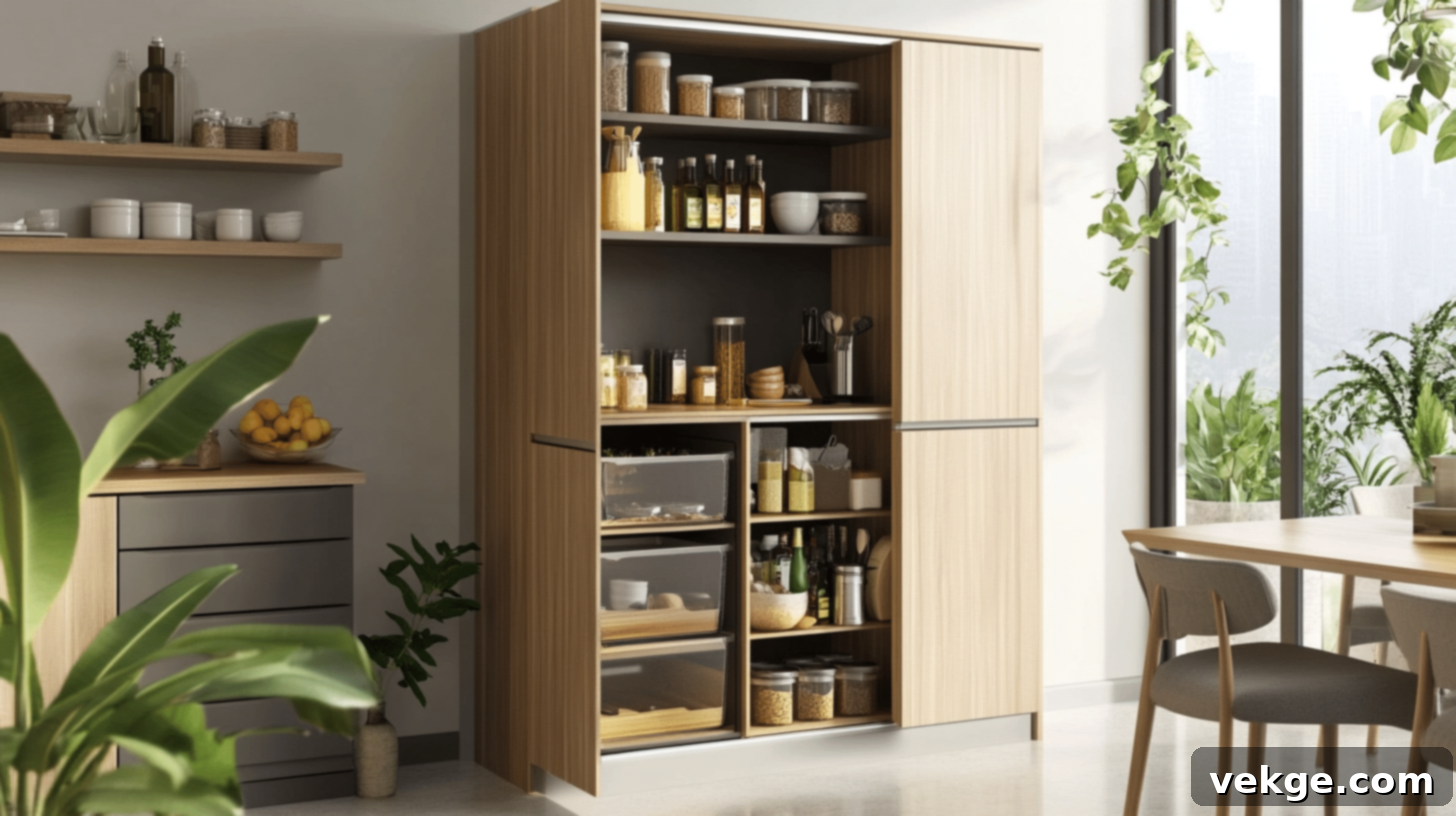 Compact Pantry Storage with Sliding Doors and Pull-Out Shelves