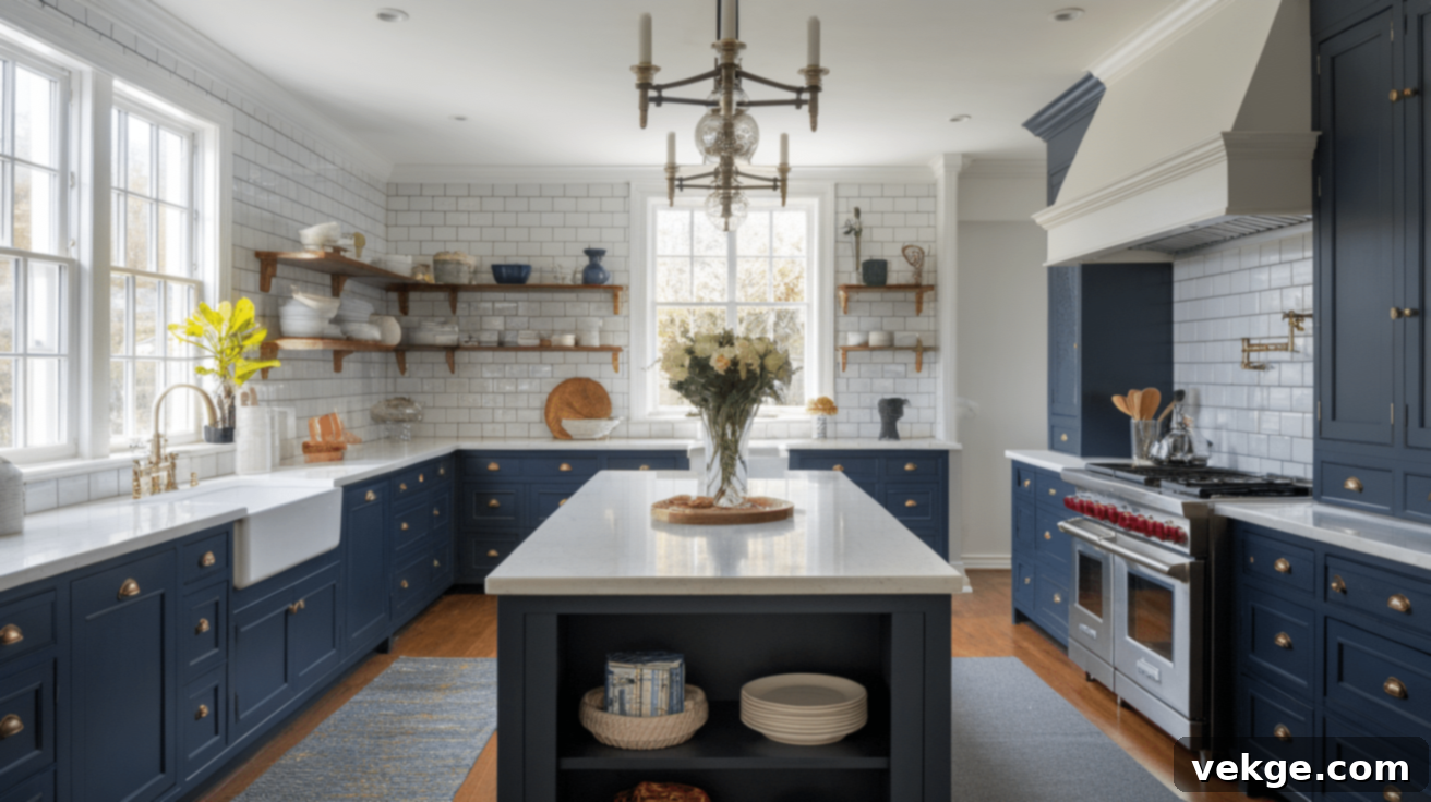 Navy Blue Cabinets with White Quartz Countertops
