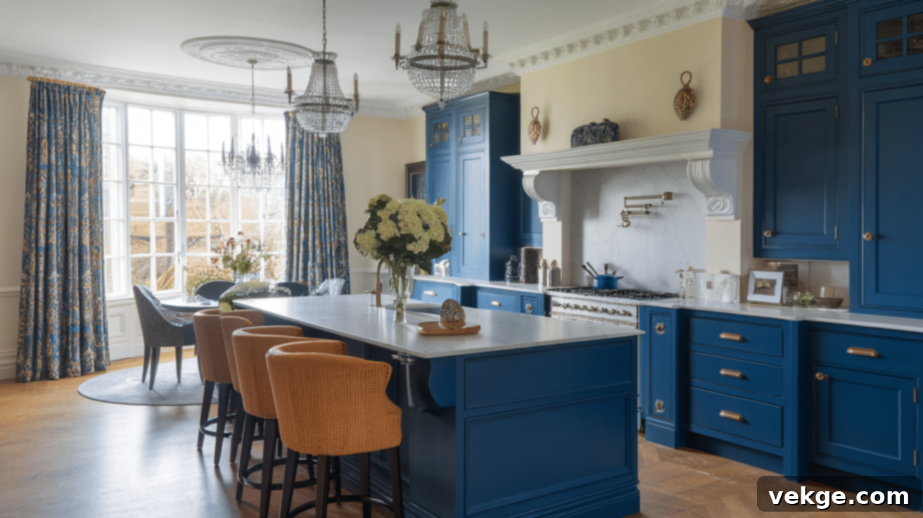 Royal Blue Cabinets with White Marble Effect Countertops