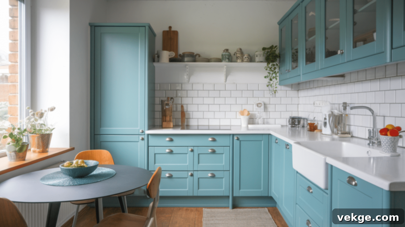 Teal Blue Cabinets with White Matte Countertops