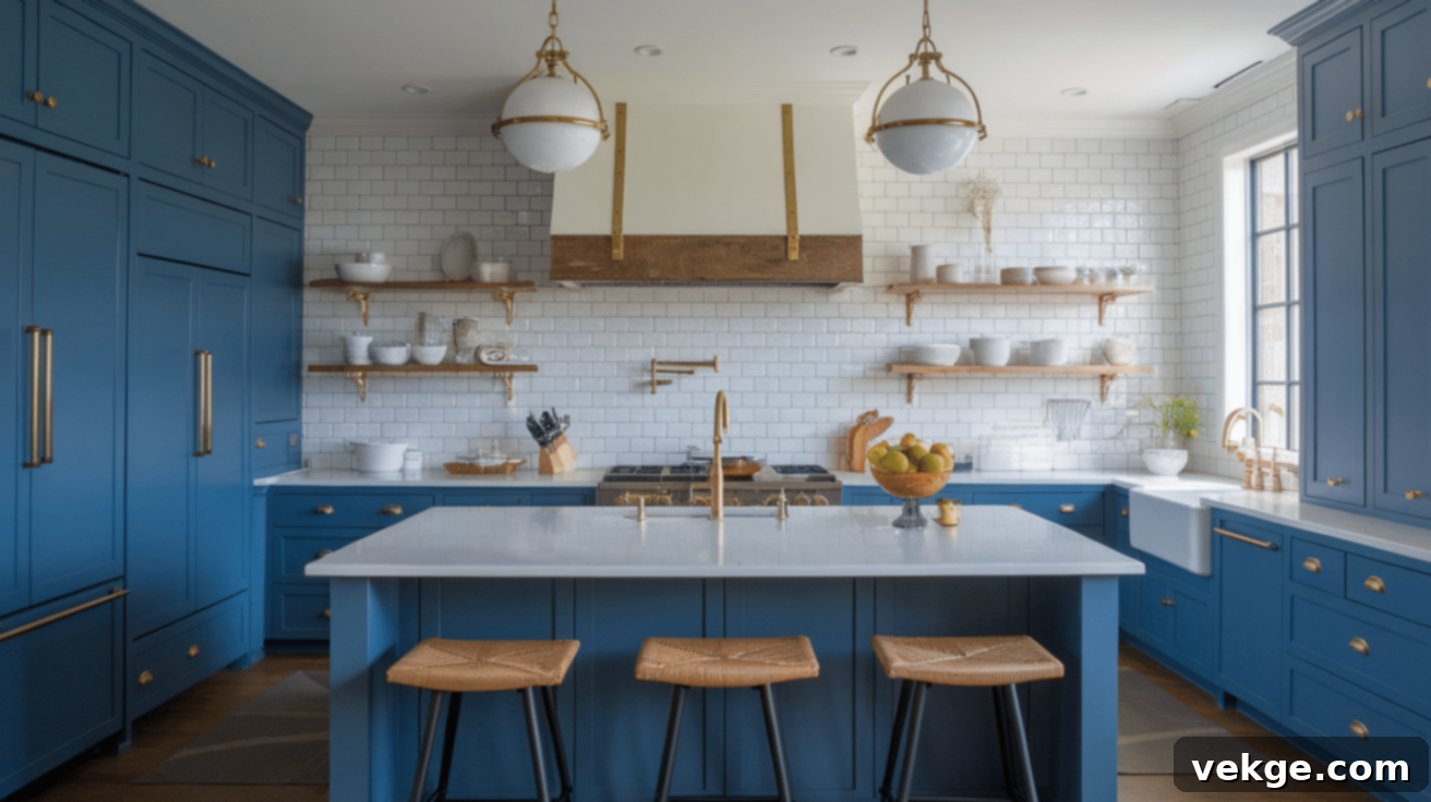 Blue Cabinets with White Subway Tile Backsplash and Gold Accents