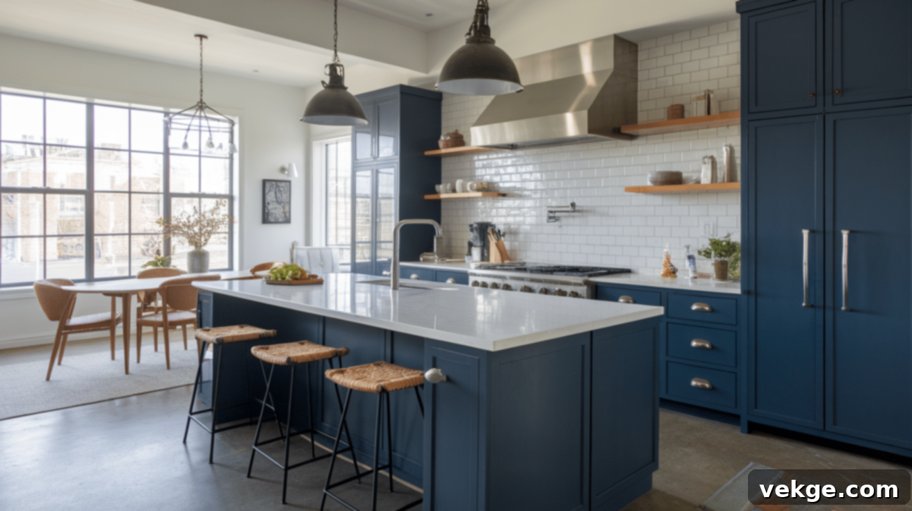 Navy Blue Cabinets with White Stainless Steel Countertops