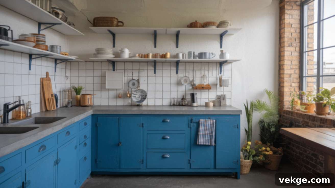 Blue Cabinets with White Cement Countertops