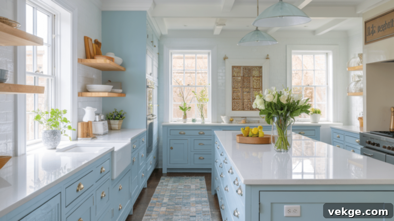 Light Blue Cabinets with White Glossy Countertops