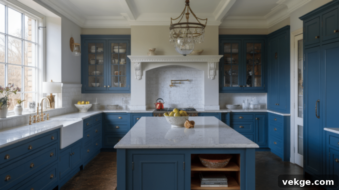Deep Blue Cabinets with White Honed Granite Countertops
