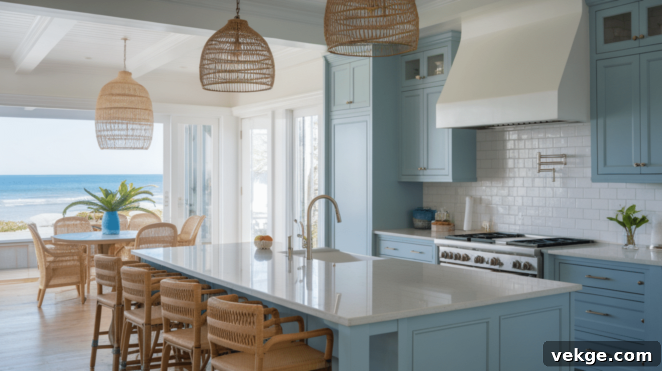 Ocean Blue Cabinets with White Glossy Quartz Countertops