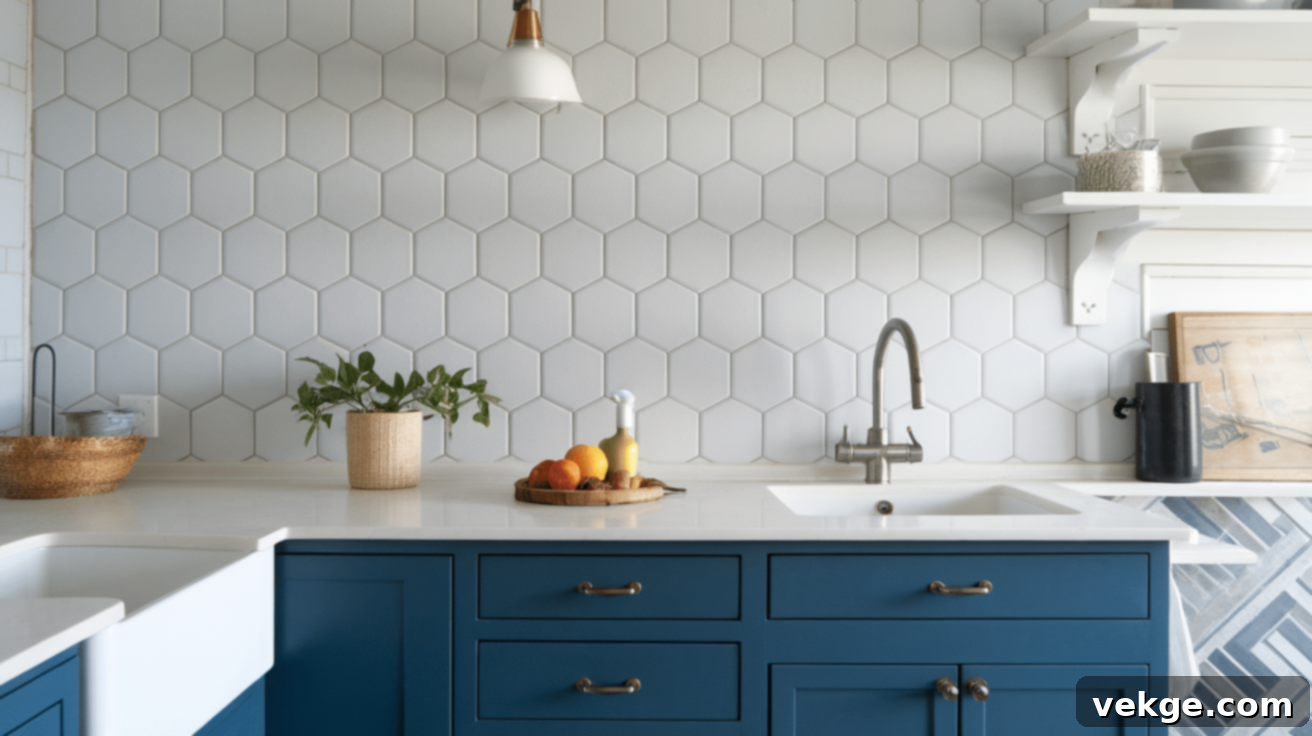 Blue Cabinets with White Hexagonal Tile Backsplash