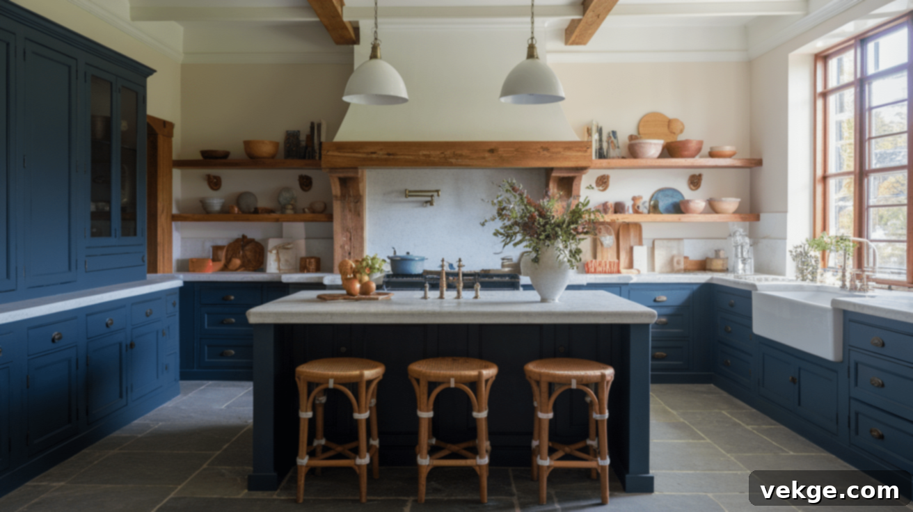 Dark Blue Cabinets with White Limestone Countertops