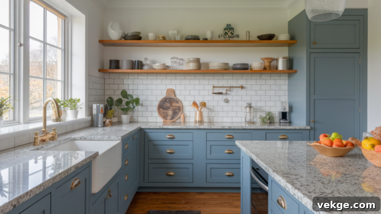 Slate Blue Cabinets and White Granite Countertops