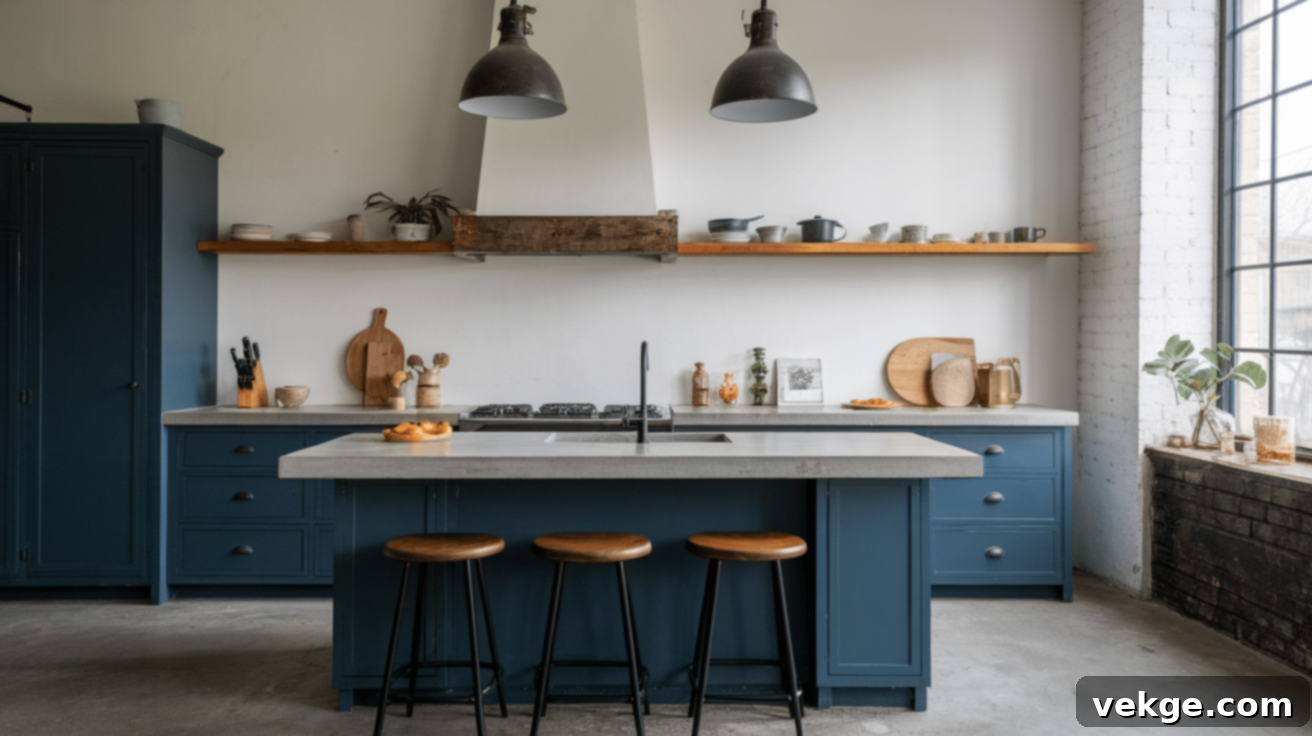 Dark Blue Cabinets with White Concrete Countertops