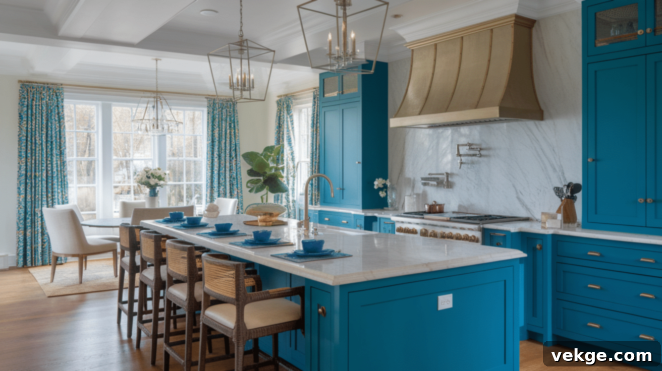 Peacock Blue Cabinets with White Carrara Marble Countertops