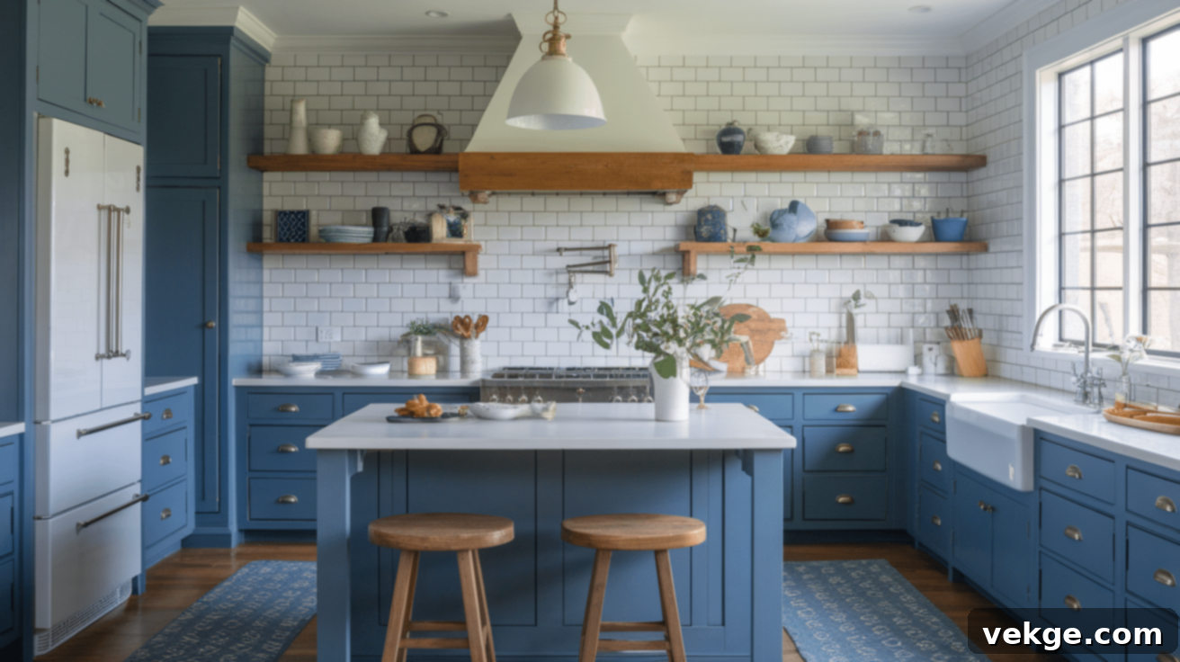 Blue Cabinets with White Subway Tile Backsplash