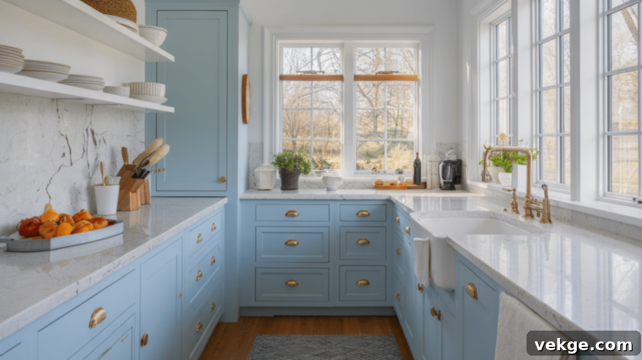 Light Blue Cabinets with White Quartzite Countertops