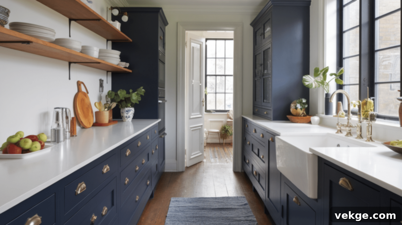 Navy Blue Cabinets with White Shaker-style countertops
