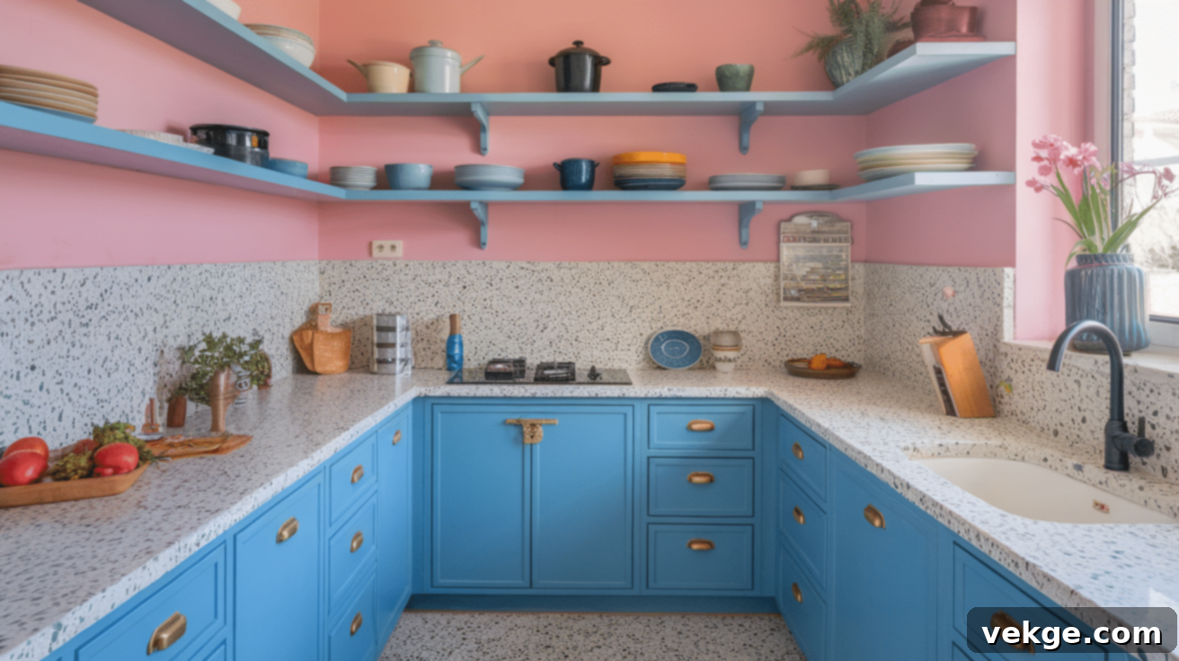 Blue Cabinets with White Terrazzo Countertops