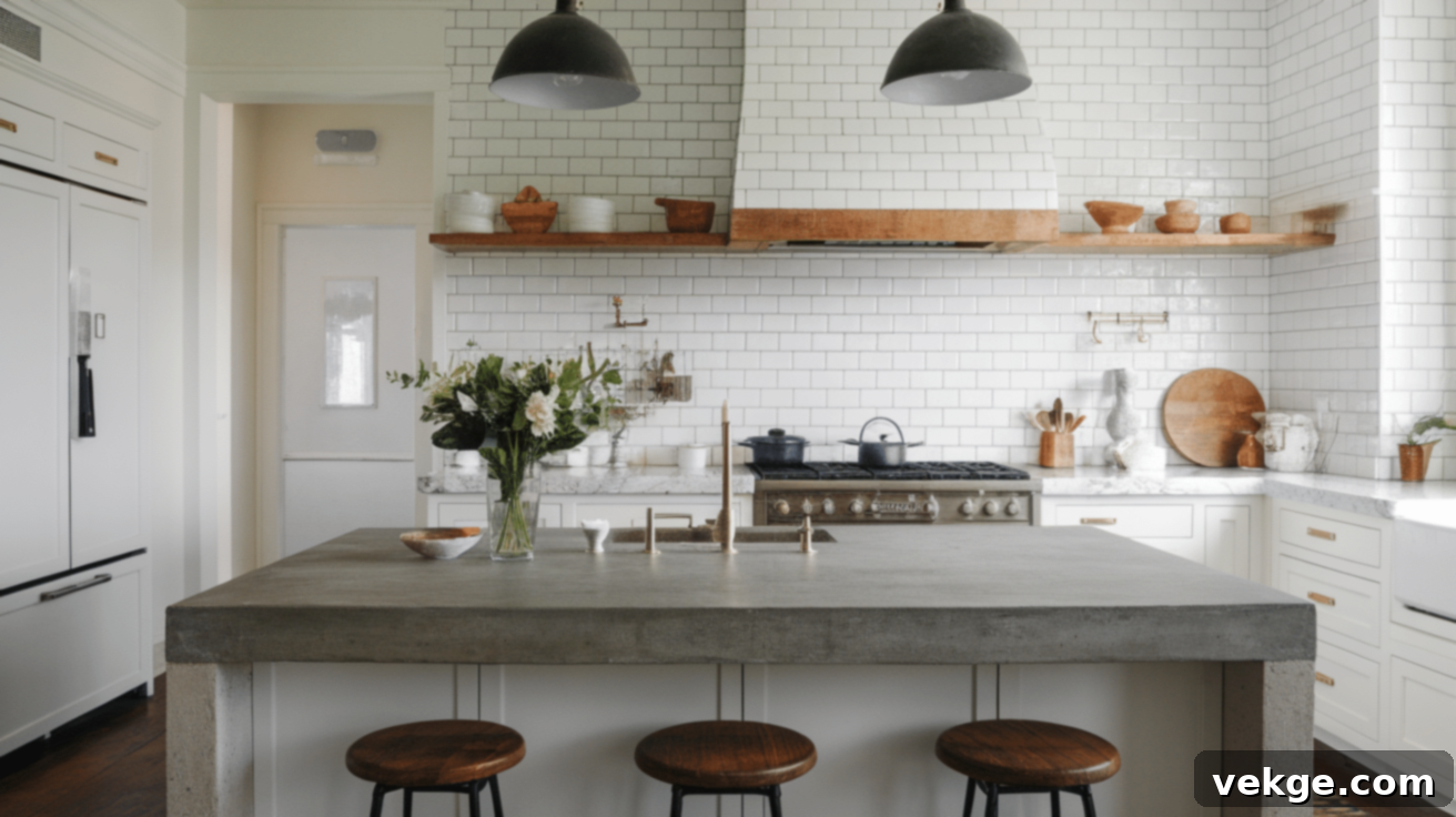 Concrete Countertop with White Subway Tile Backsplash