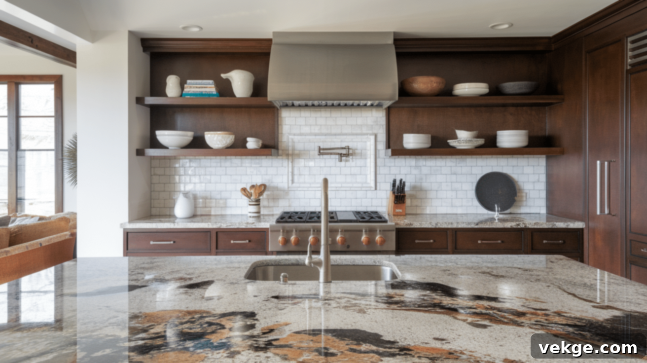 Bold Patterned Granite Countertop with Solid Color Backsplash