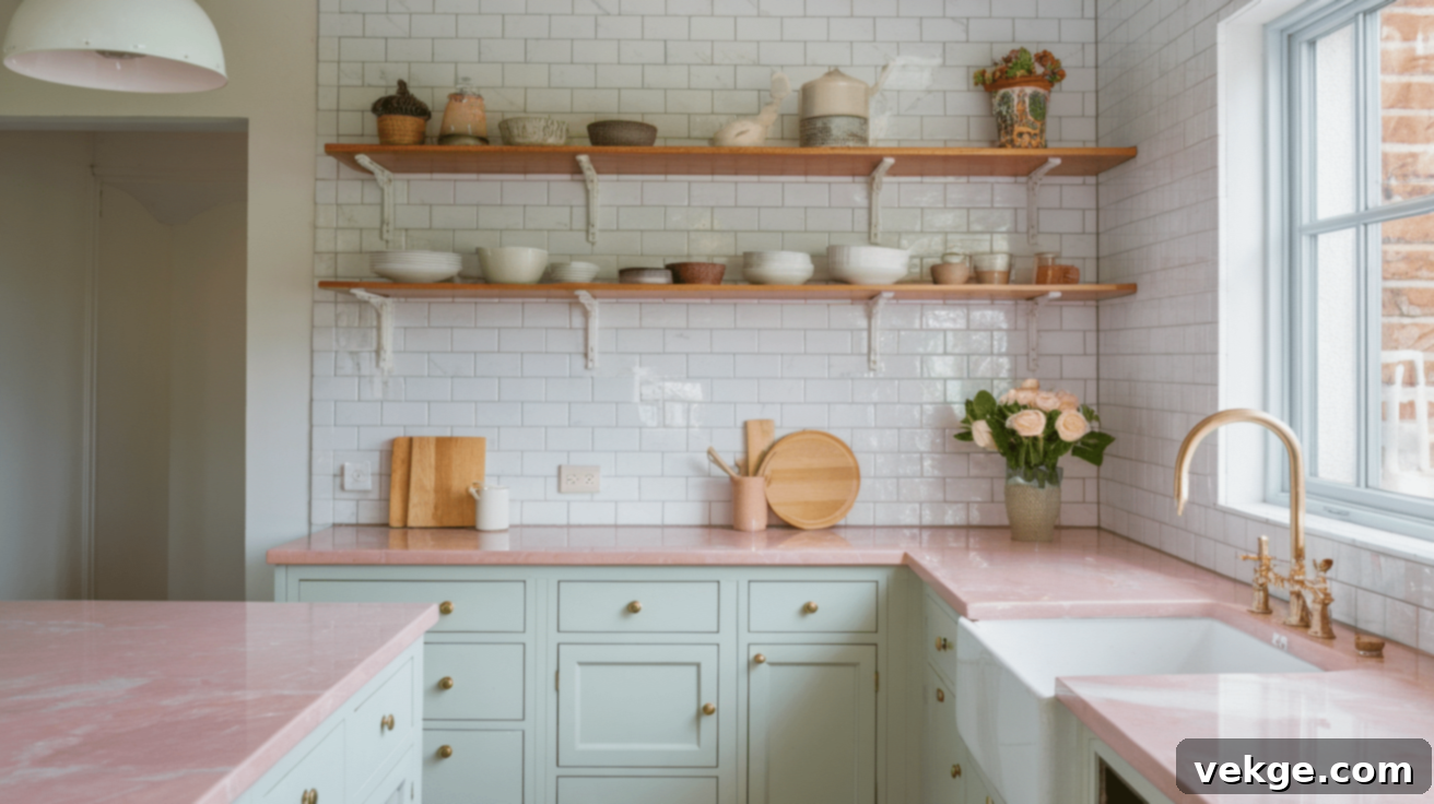Pink Marble Countertop with White Tile Backsplash