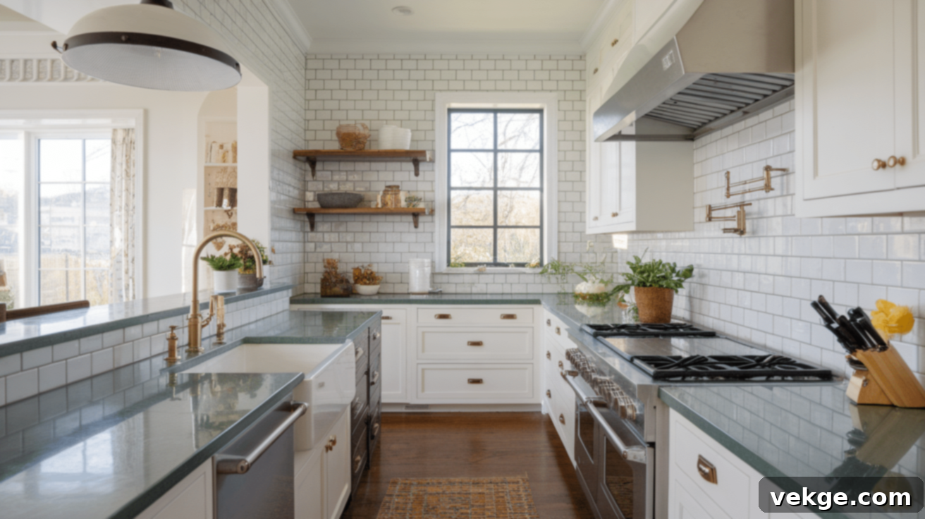 Green Quartz Countertop with White Subway Tile