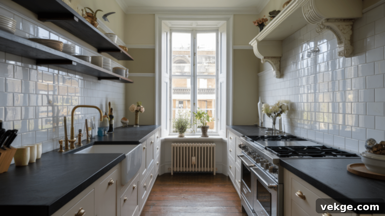 Dark Soapstone Countertop with Glossy White Tile Backsplash