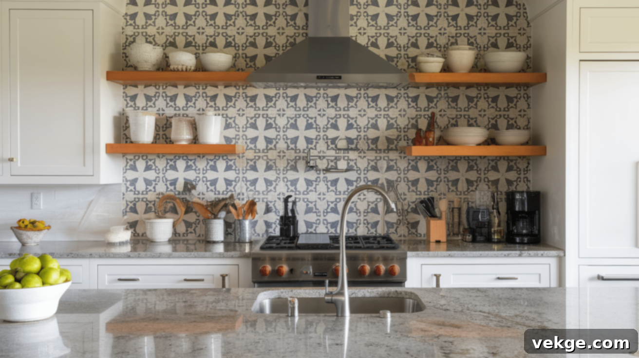 Granite Countertop with Bold Patterned Tile Backsplash
