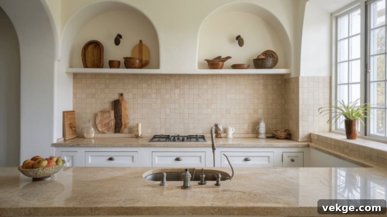 Beige Granite Countertop with Soft Beige Tile Backsplash