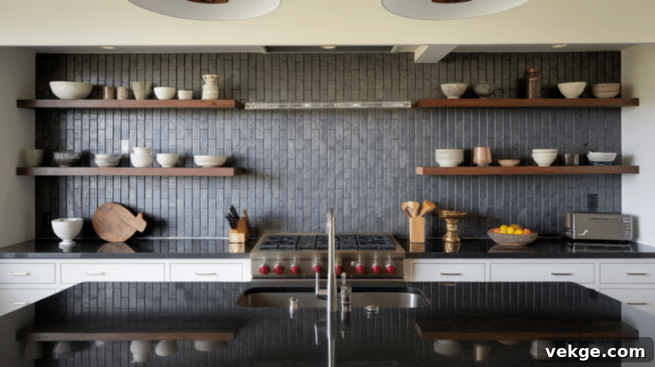 Dark Granite Countertop with Metallic Tile Backsplash