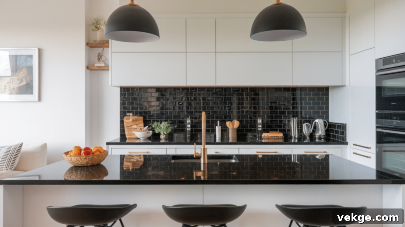 Black Granite Countertop with Black Subway Tile