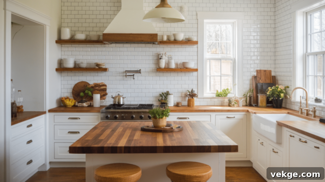 Wooden Countertop with White Subway Tile Backsplash