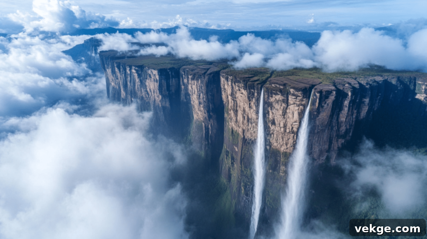 Auyantepui, the massive tepui from which Angel Falls originates, with a vast, unexplored summit