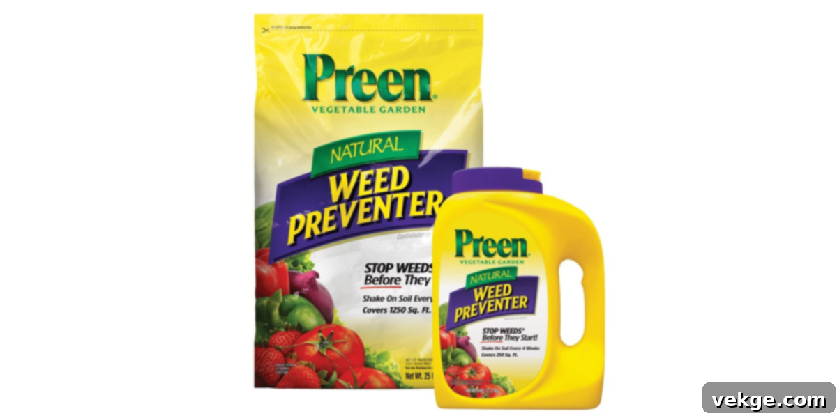 Gardener applying Preen Natural Weed Preventer around healthy vegetable plants, showing a lush, weed-free garden bed.