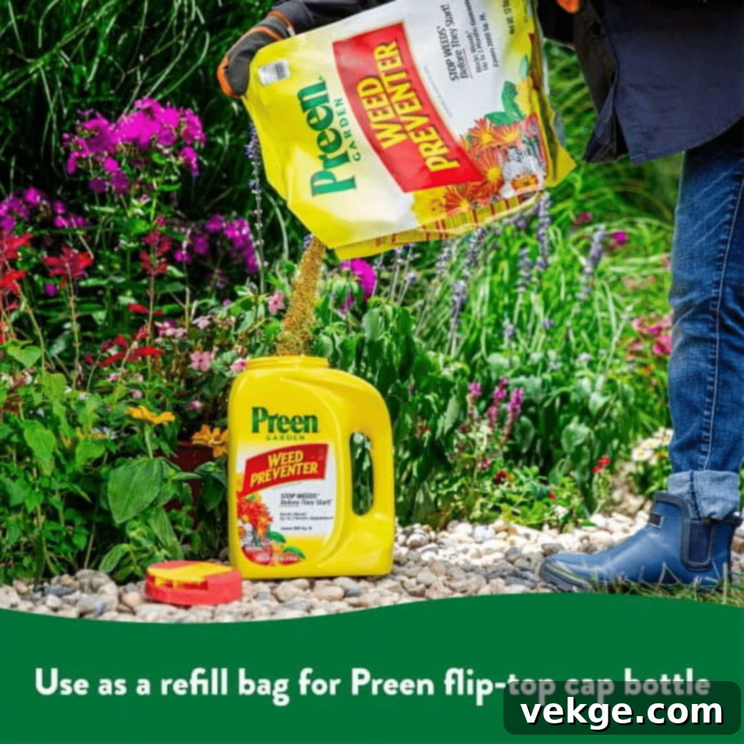 A detailed instruction graphic showing the steps to apply Preen Natural Weed Preventer: prepare, apply, water, and timing.
