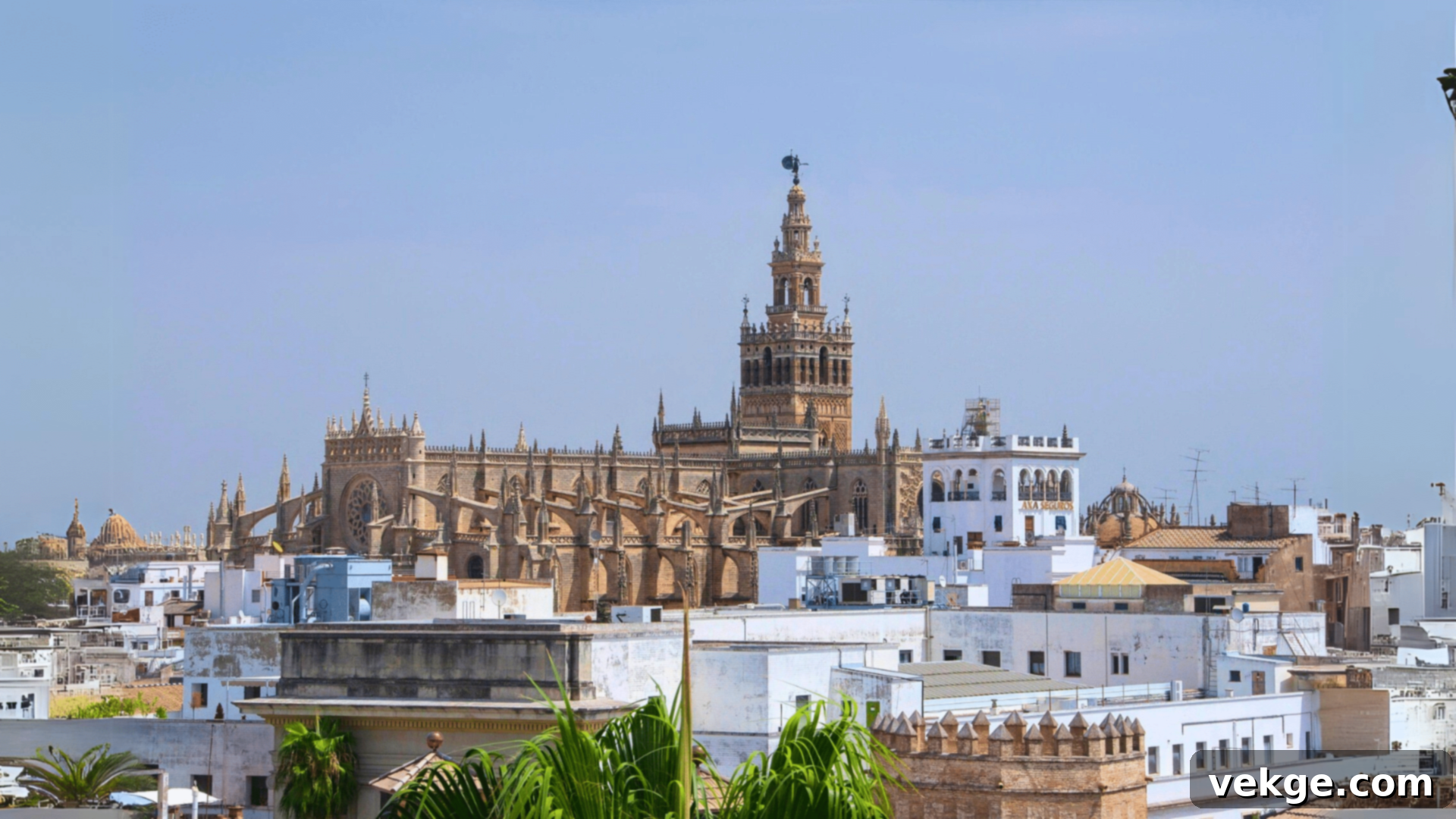 The grand Giralda bell tower of Seville Cathedral, the world's largest Gothic cathedral.
